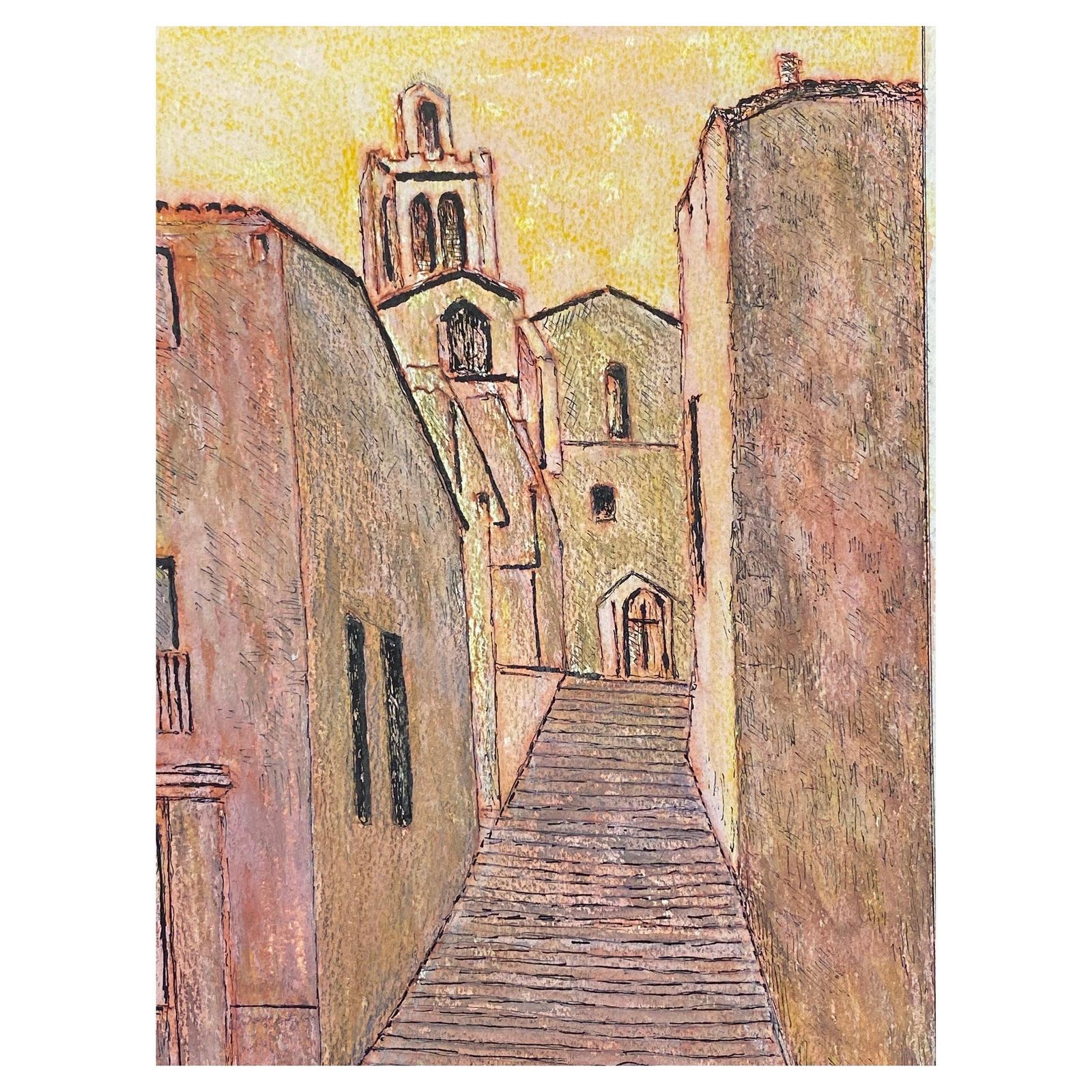 Unknown1950's Modernist Painting, French Steps Up To The Church1950s