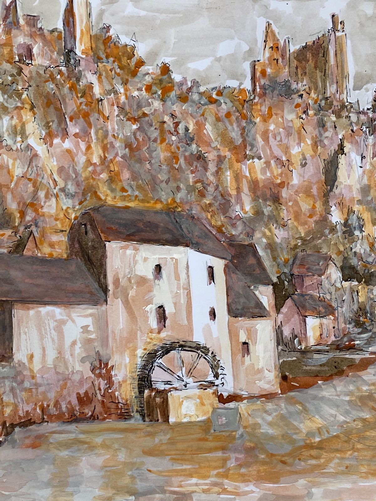 Unknown1950's French Modernist / Cubist Painting Signed, Orange And Pink Landscape1950 photo vinterior