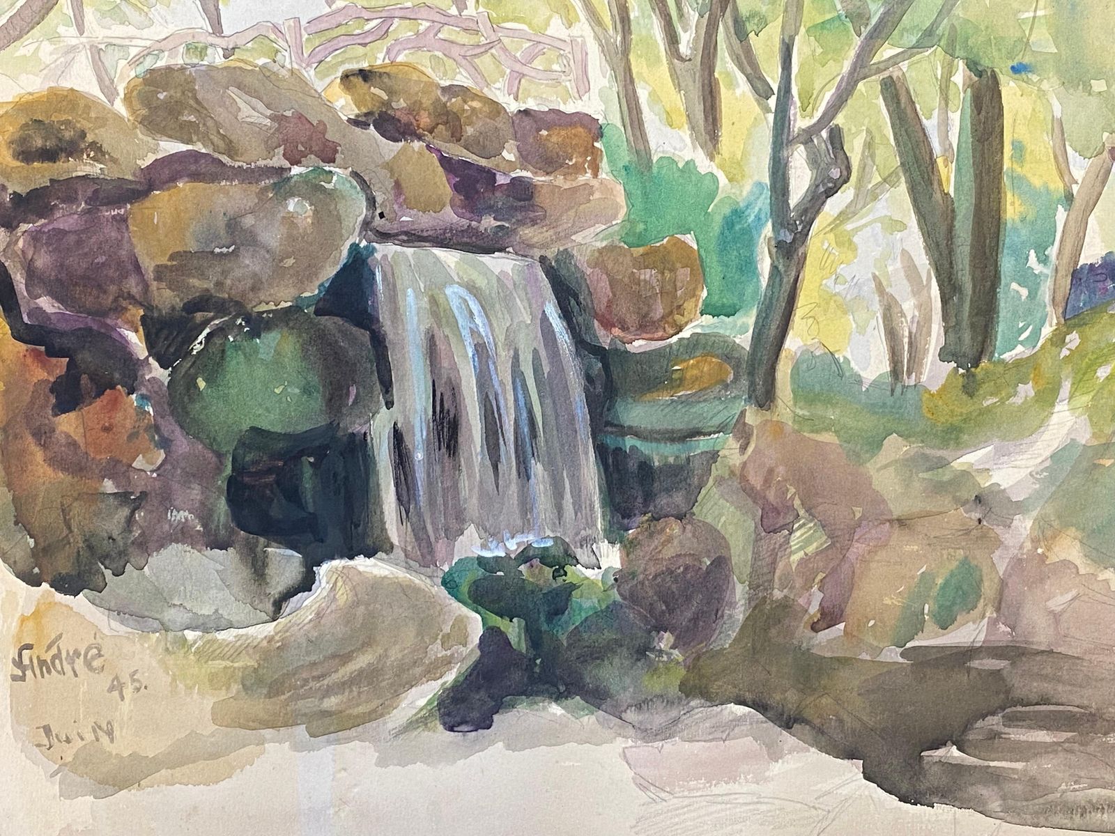 Unknownsigned French Forest Landscape, Beautiful Rock Waterfallmid 20th Century photo for sale