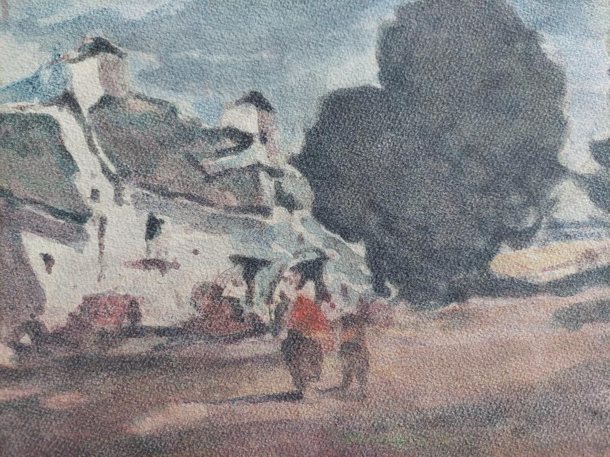 Unknownfrench Modernist Cubist Painting Figures In A Village20th Century photo for sale