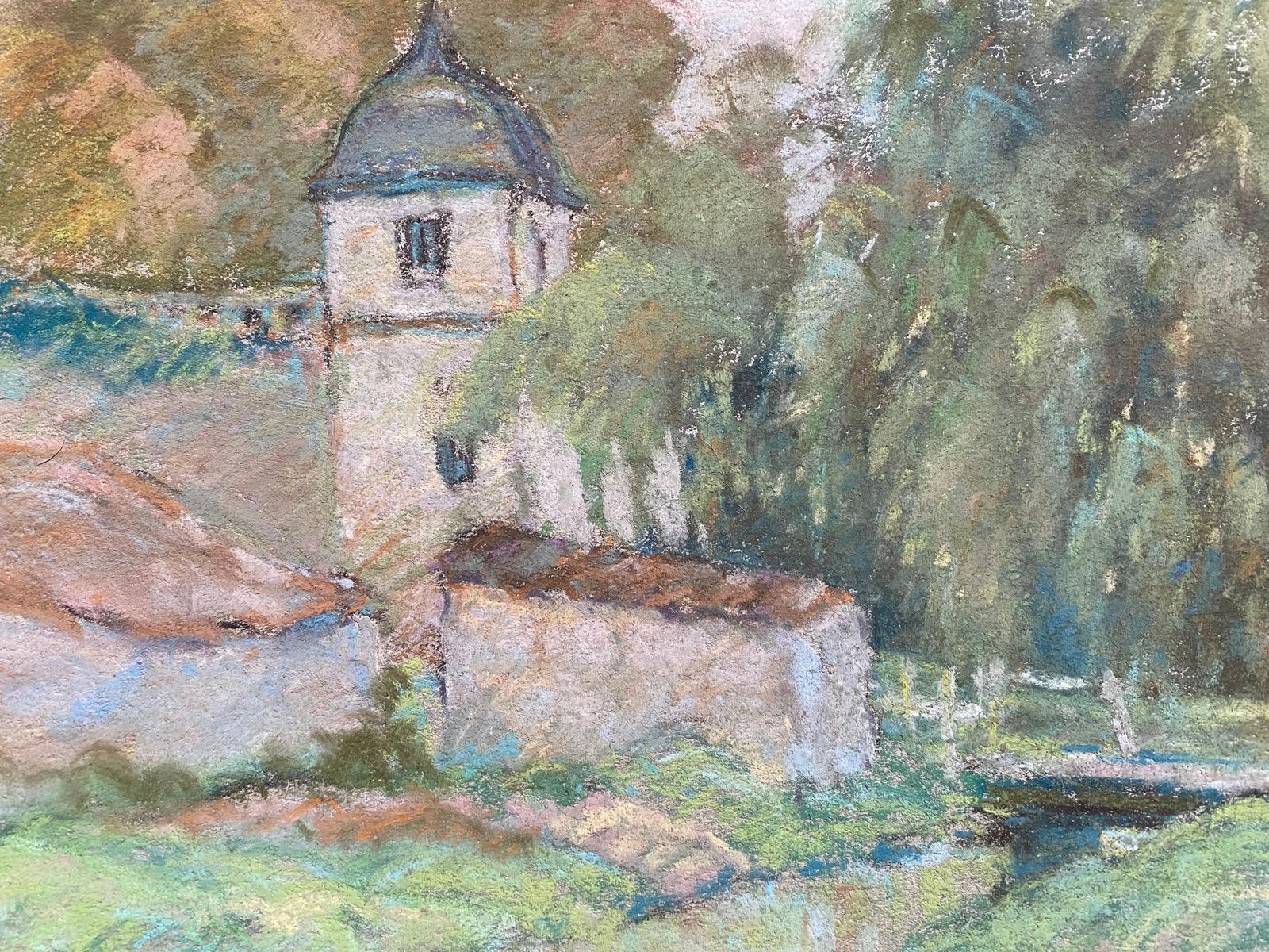 Unknownfine French Impressionist Pastel, Countryside Village Lane River And Treescirca 1947 photo for sale