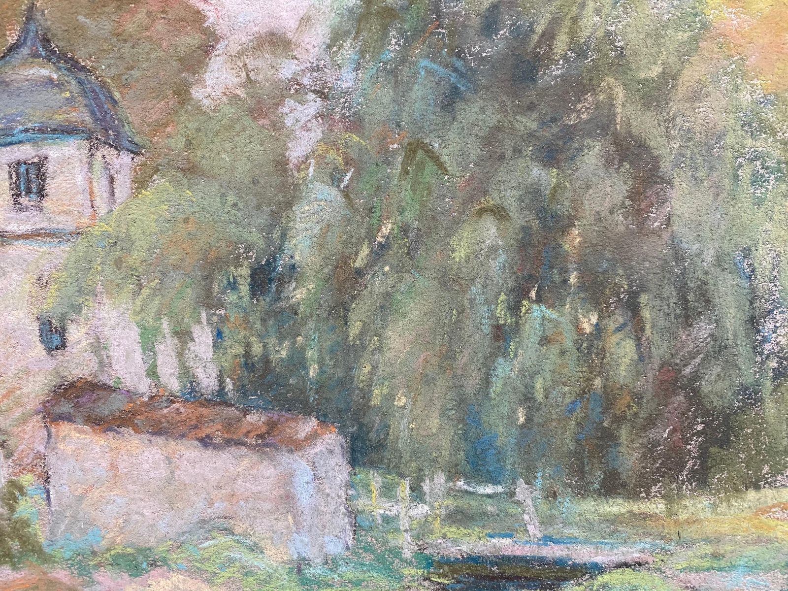 Unknownfine French Impressionist Pastel, Countryside Village Lane River And Treescirca 1947 photo Art