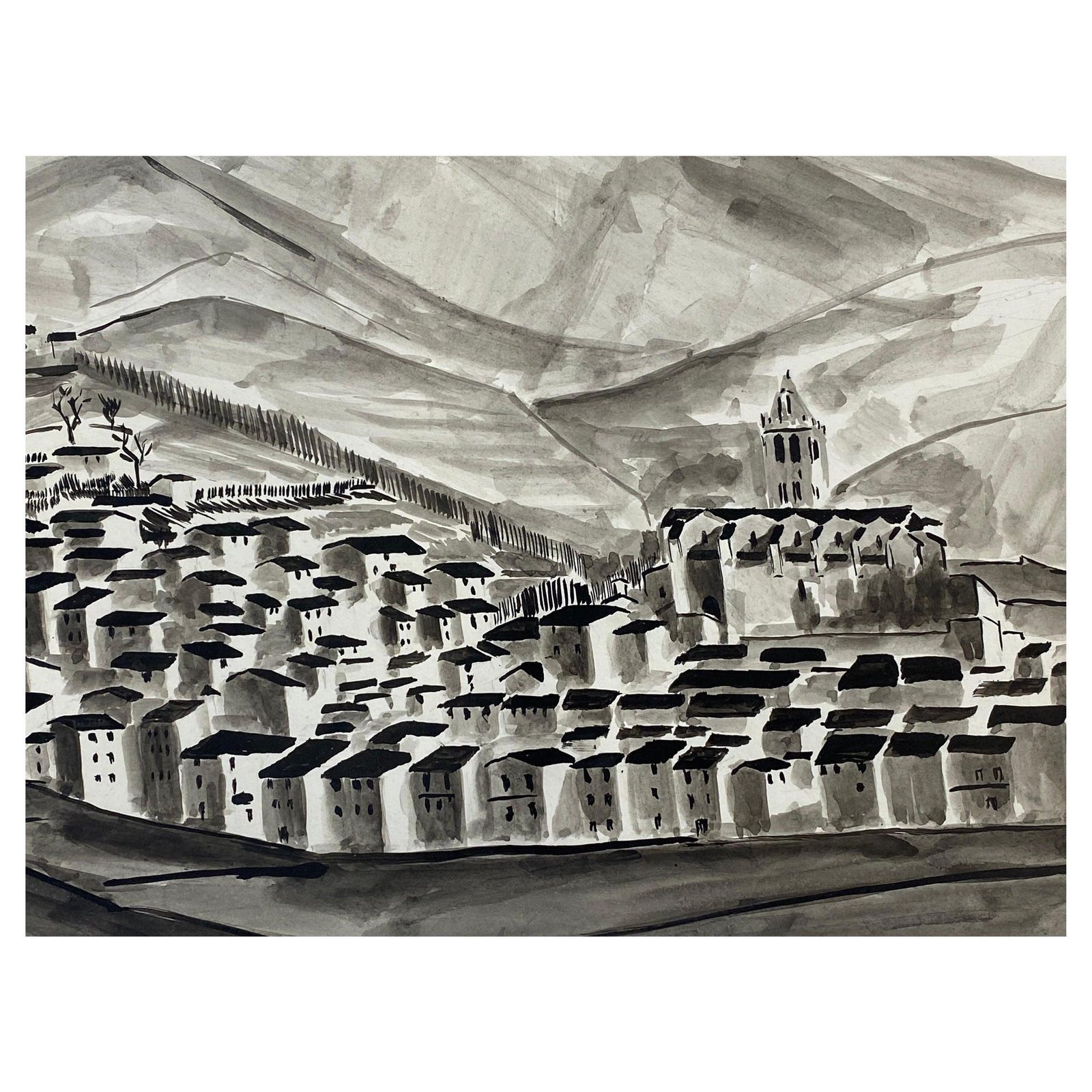 Unknown1950's French Modernist/ Cubist Signed Painting Black & White Village Landscape1950