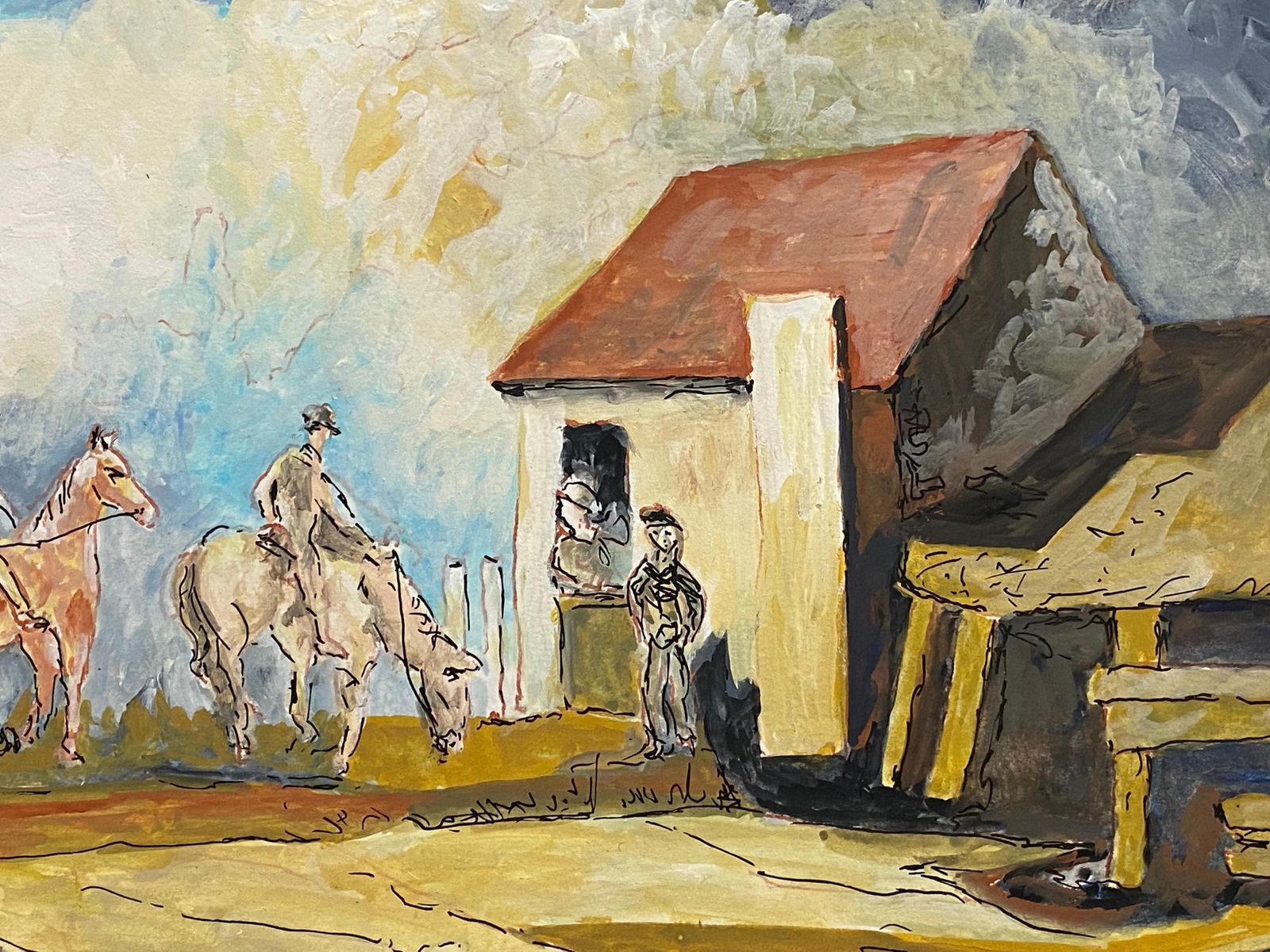 Unknown1950's French Modernist Painting Signed, Figures On Horseback In Village1950s photo for sale
