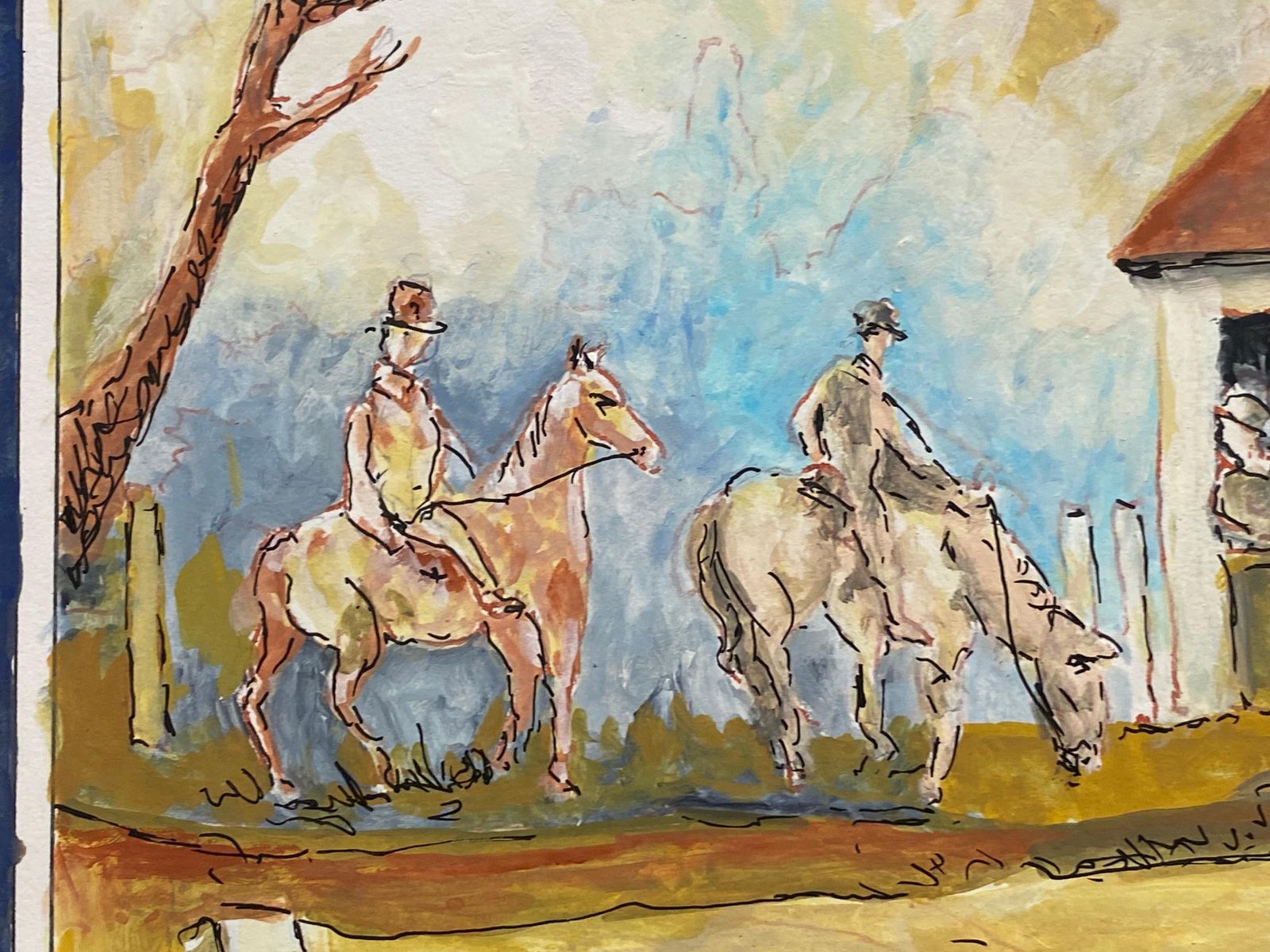 Unknown1950's French Modernist Painting Signed, Figures On Horseback In Village1950s photo 254.0