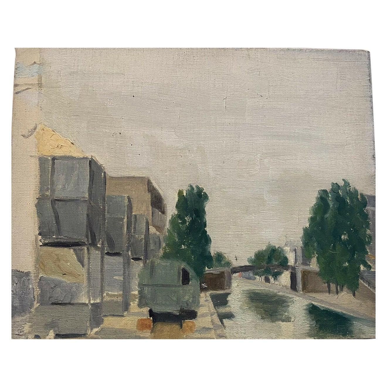 Unknownmid Century French Oil Painting   Beside The Canalcirca 1960s