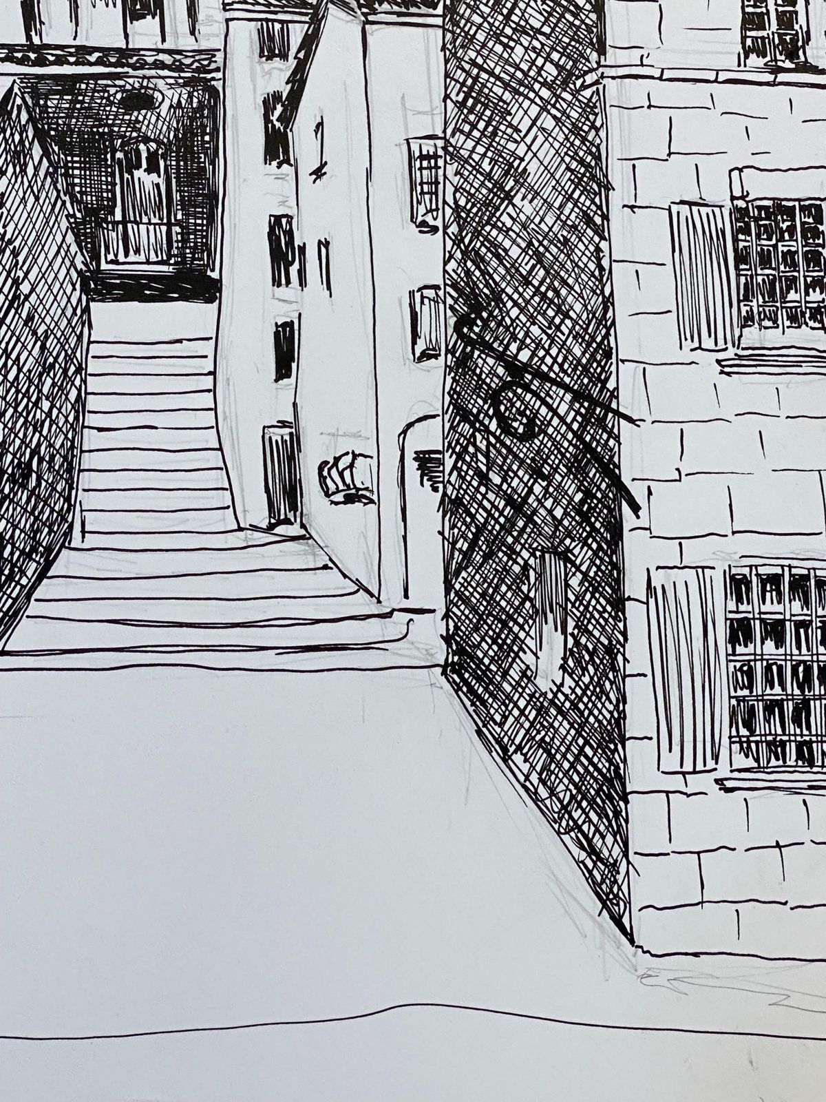 Unknown1950's French Modernist/ Cubist Drawing, Black & White Steps To The French Town1950 photo Art