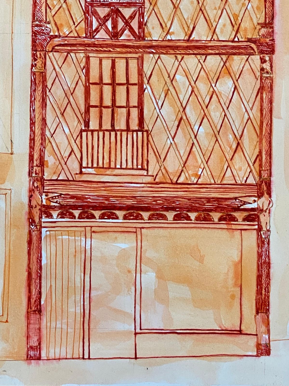 Unknown1950's French Modernist/ Cubist Painting, Orange & Red Tall Building1950 photo Art