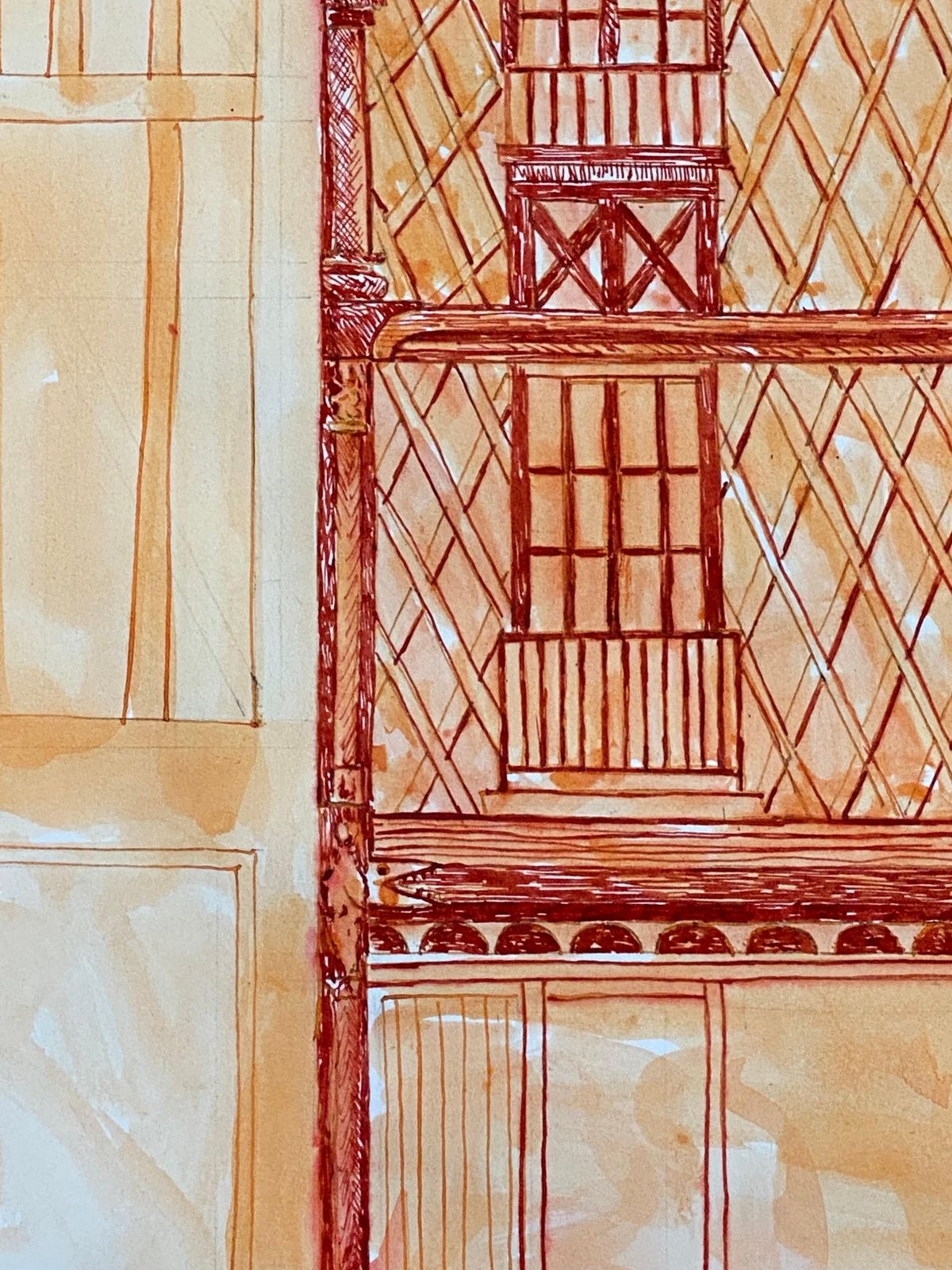 Unknown1950's French Modernist/ Cubist Painting, Orange & Red Tall Building1950 photo 250.0