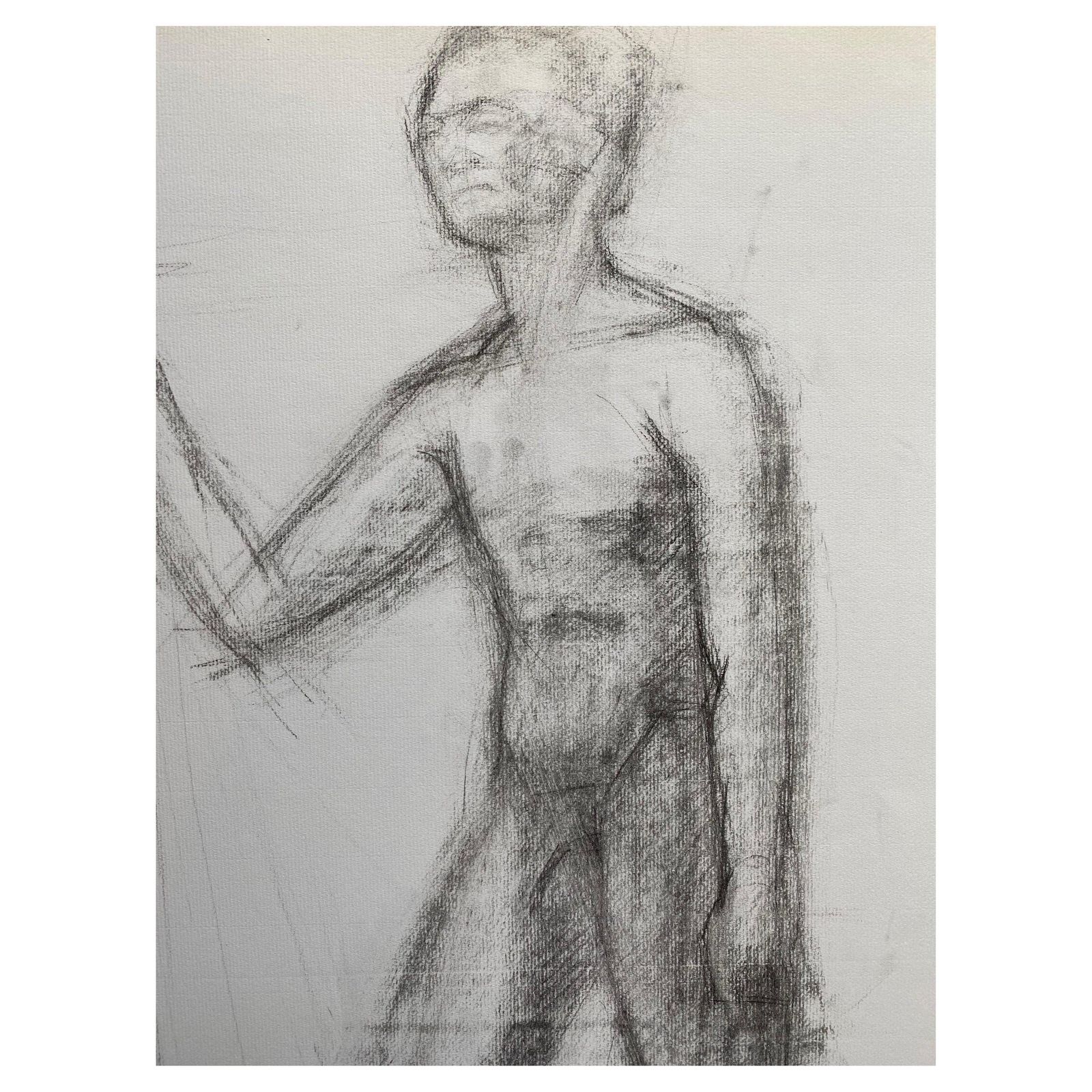 Unknownmid 20th Century French Charcoal Drawing   Portrait Of A Standing Nude Mancirca 1950s