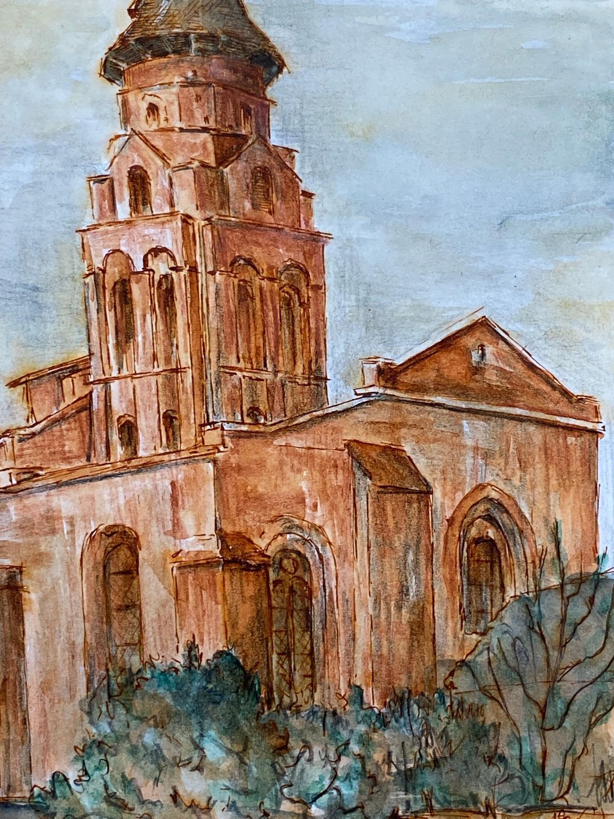 Unknown1950's French Modernist/ Cubist Painting   Orange French Church1950 photo 316.0