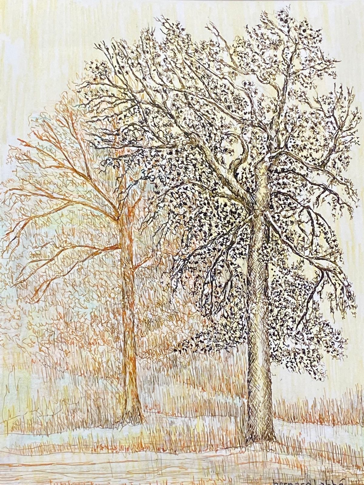 Unknown1950's Modernist Signed Painting, The Two Trees In Field1950s photo for sale
