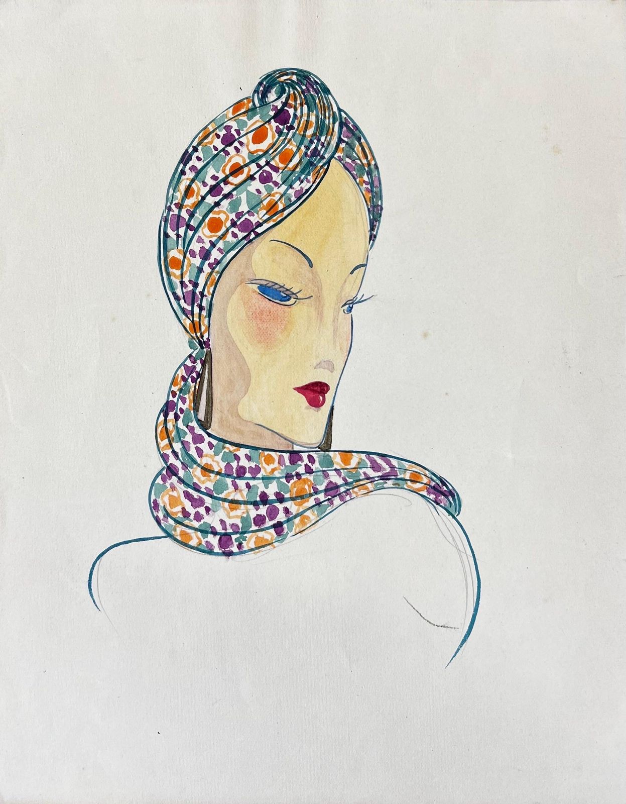 Unknown1940's Fashion Illustration, Lady In Chic Headscarfcirca 1940s photo furniture