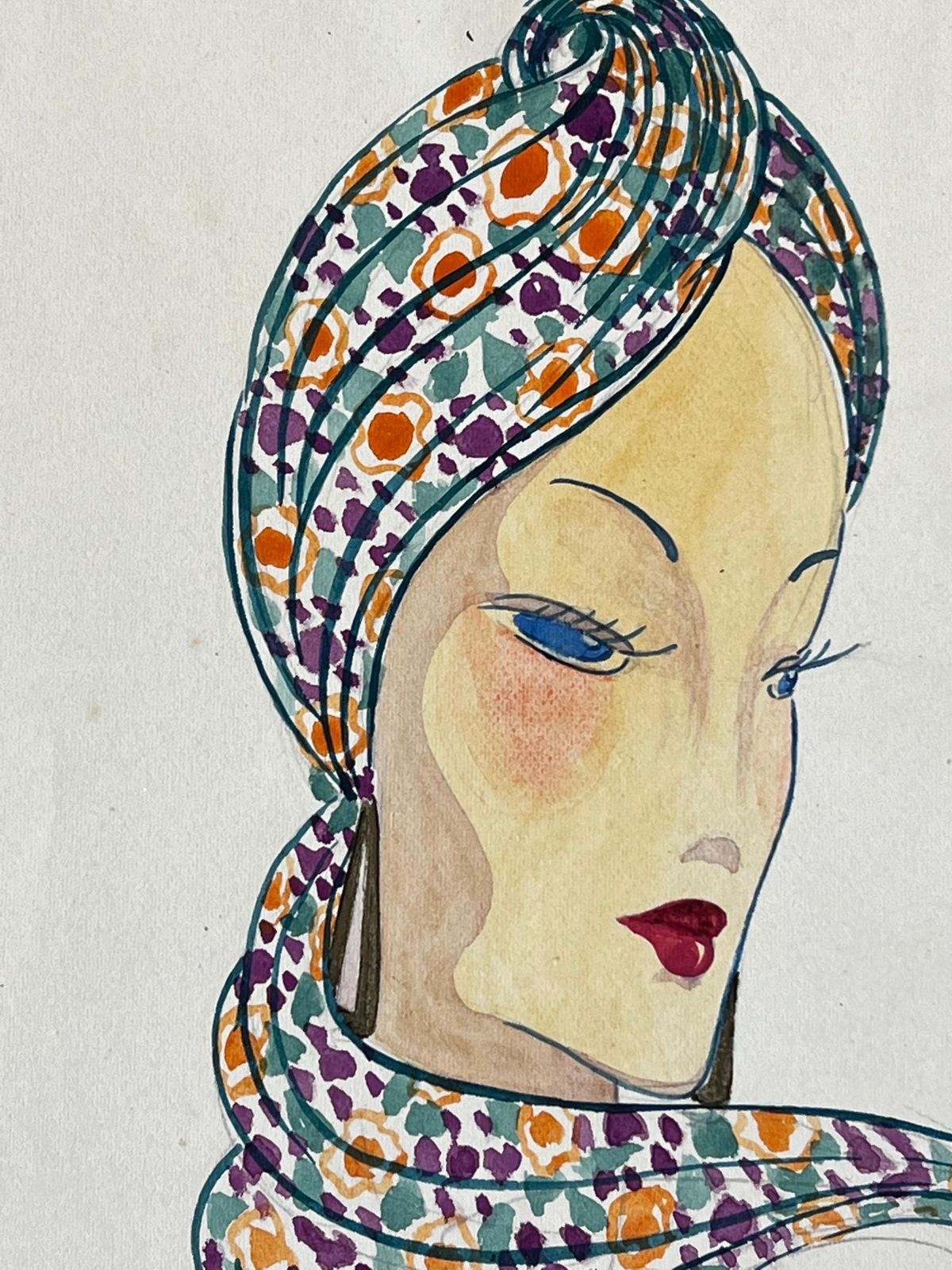 Unknown1940's Fashion Illustration, Lady In Chic Headscarfcirca 1940s photo for sale