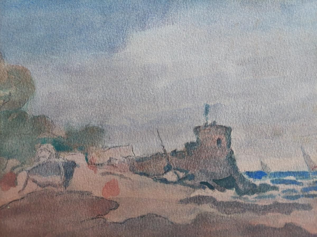 Unknownfrench Modernist Cubist Painting Fishing Boats By Coastal Fortification20th Century photo 280.0