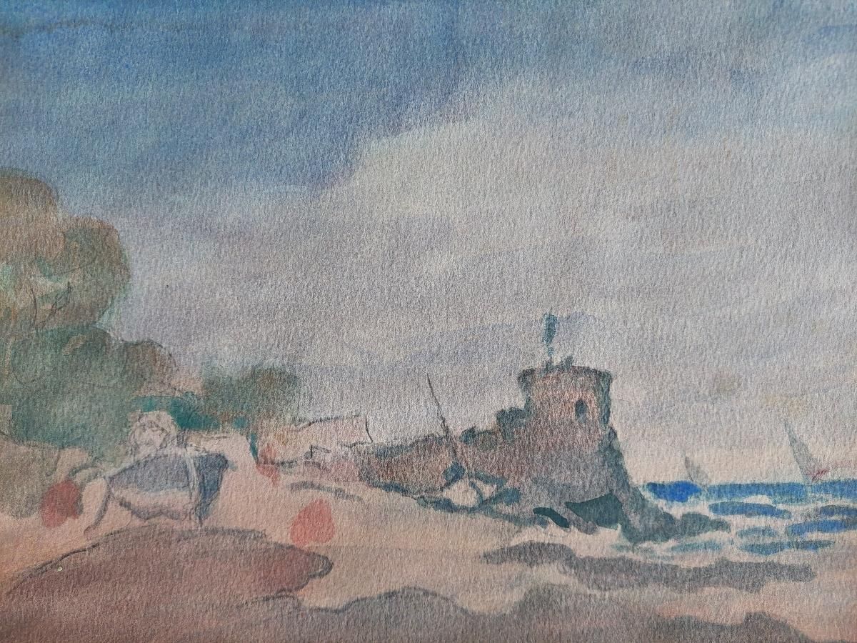Unknownfrench Modernist Cubist Painting Fishing Boats By Coastal Fortification20th Century photo vinterior