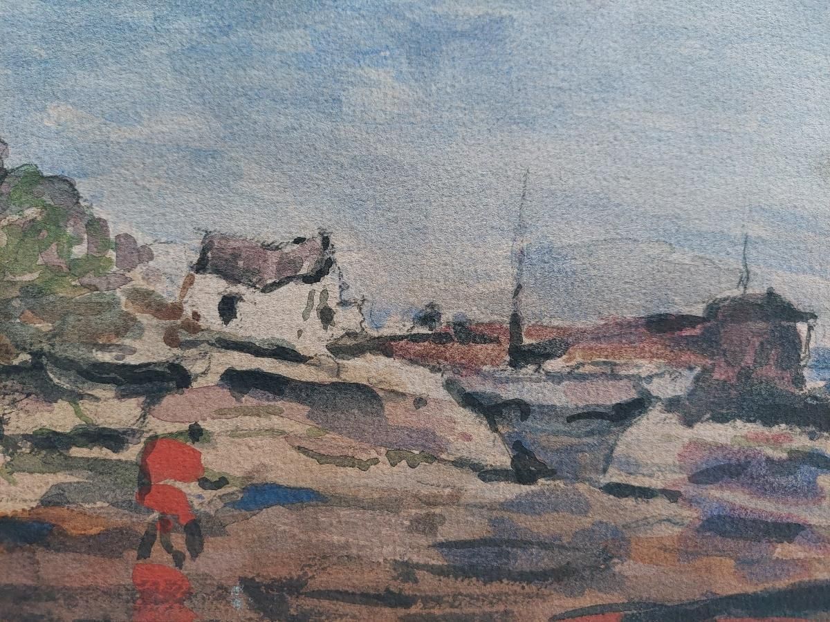 Unknownfrench Modernist Cubist Painting Figure By The Harbour20th Century photo vintage
