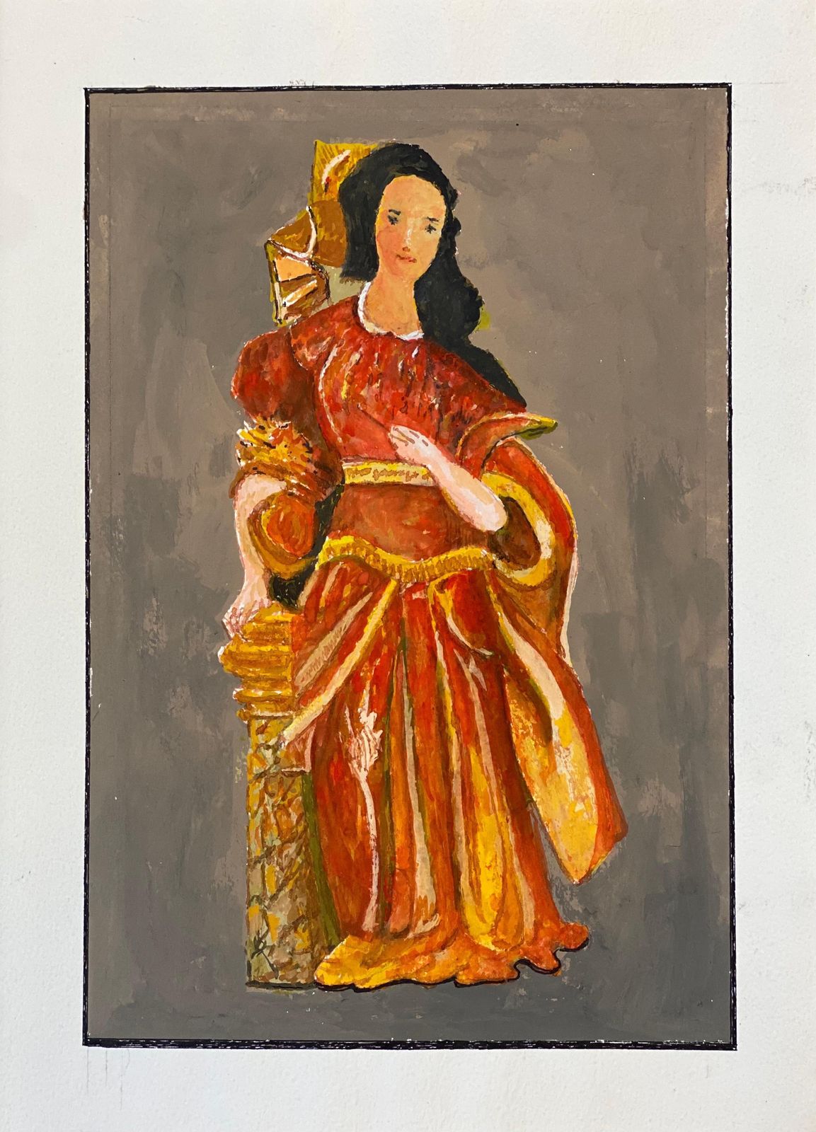 Unknown1950's French Modernist/ Cubist Painting   Lady In Vibrant Red & Orange Dress1950 photo furniture