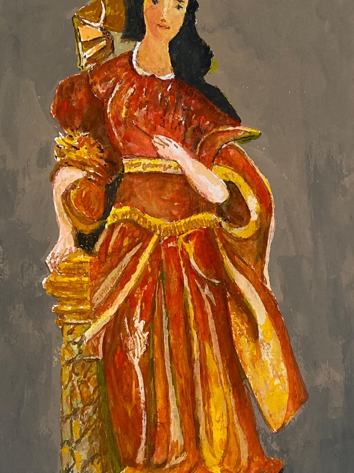 Unknown1950's French Modernist/ Cubist Painting   Lady In Vibrant Red & Orange Dress1950 photo Art
