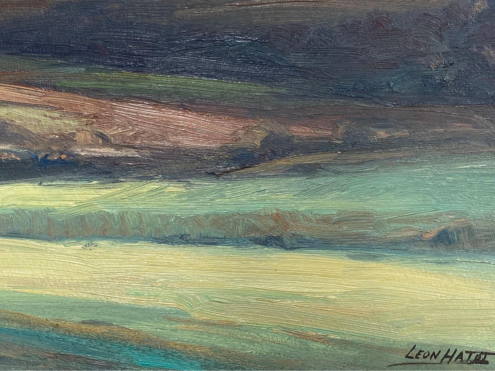Leon Hatotantique Signed French Impressionist Oil, Panoramic Rolling Landscape Fieldsearly 20th Century photo furniture