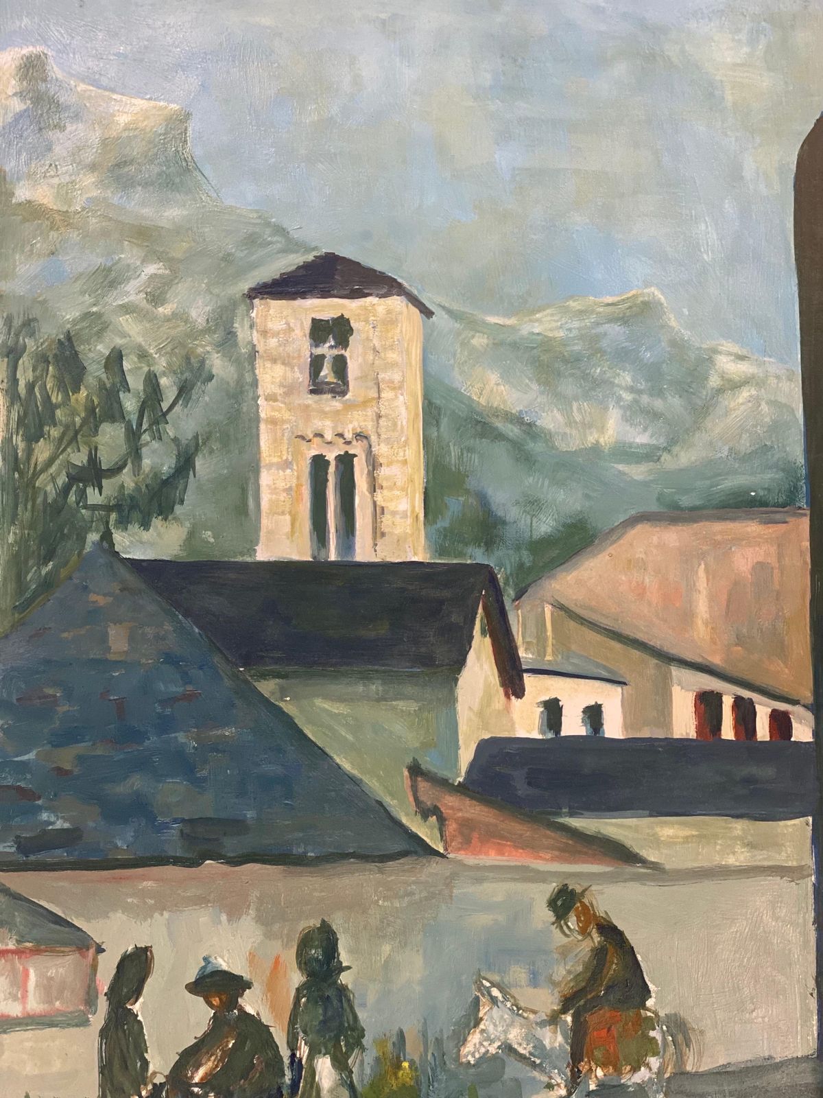 Unknown1950's Modernist Painting, Bright Blue Town Landscape With Horse And Figures1950s photo furniture