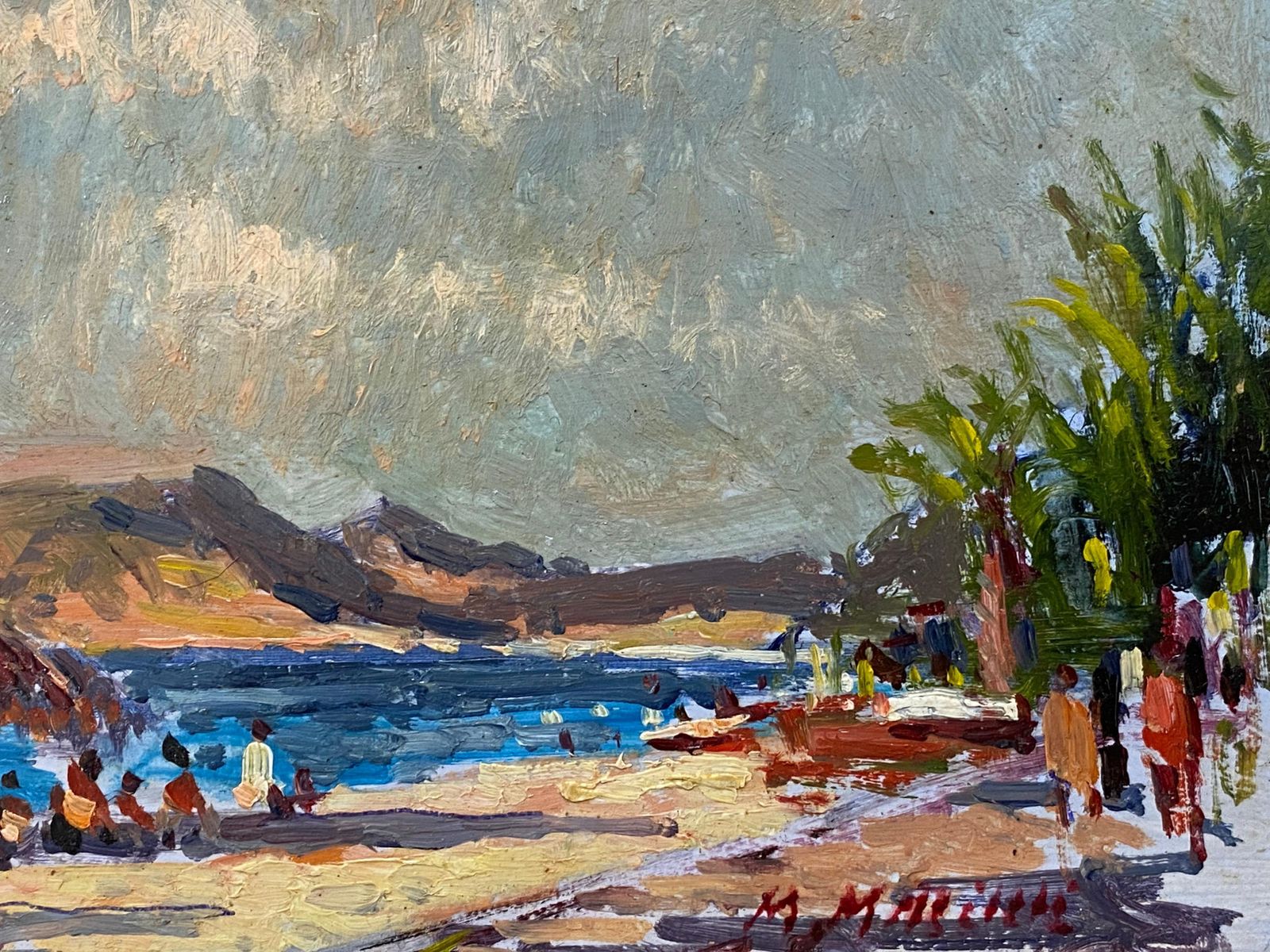 Unknownfrench Impressionist En Plein Air Oil Painting, Coastal Scene With Figures20th Century photo for sale