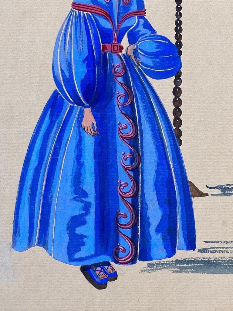 Unknown1940's Fashion Illustration, Lady In Bright Blue Puffy Dress, Interior Scenecirca 1940s photo for sale