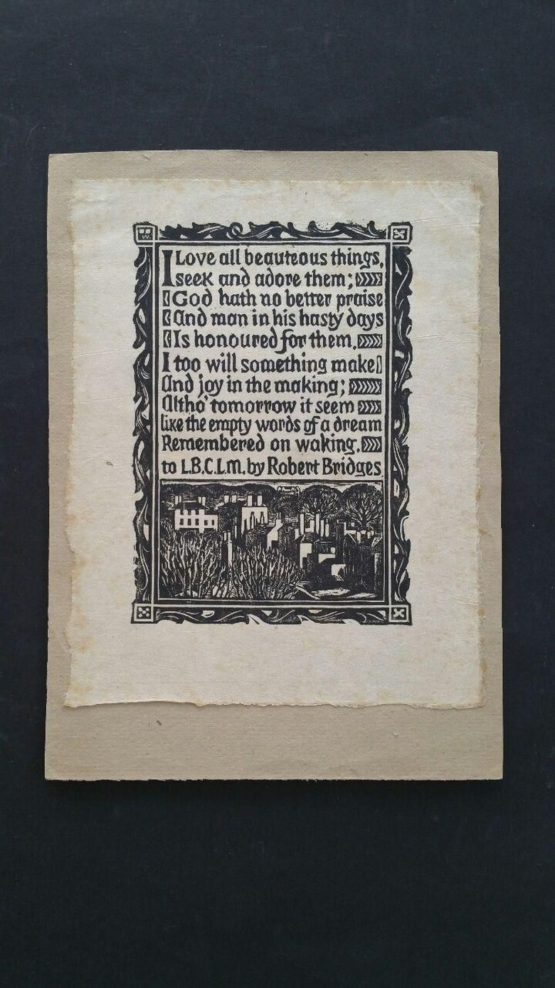 Unknownenglish Antique Woodcut Engraving, Of Prose By Robert Bridgescirca 1920 1930 photo furniture