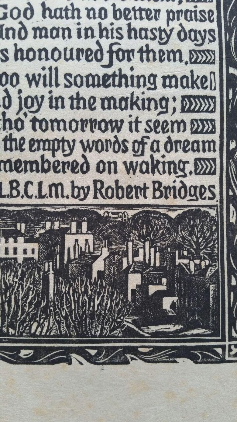 Unknownenglish Antique Woodcut Engraving, Of Prose By Robert Bridgescirca 1920 1930 photo for sale