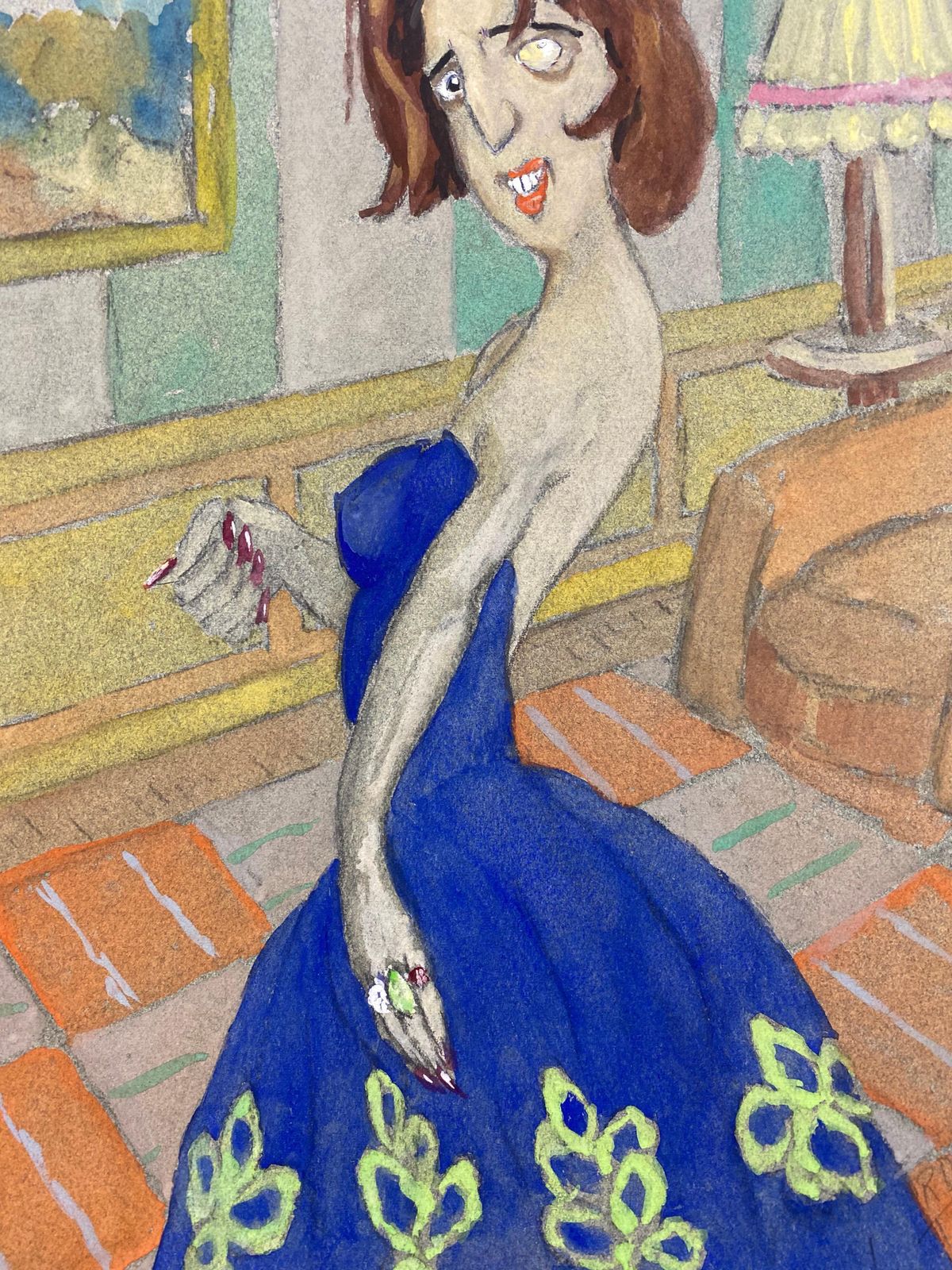 Unknown1960's French Portrait Posed Lady In Blue Dress Caricaturecirca 1960s photo Art