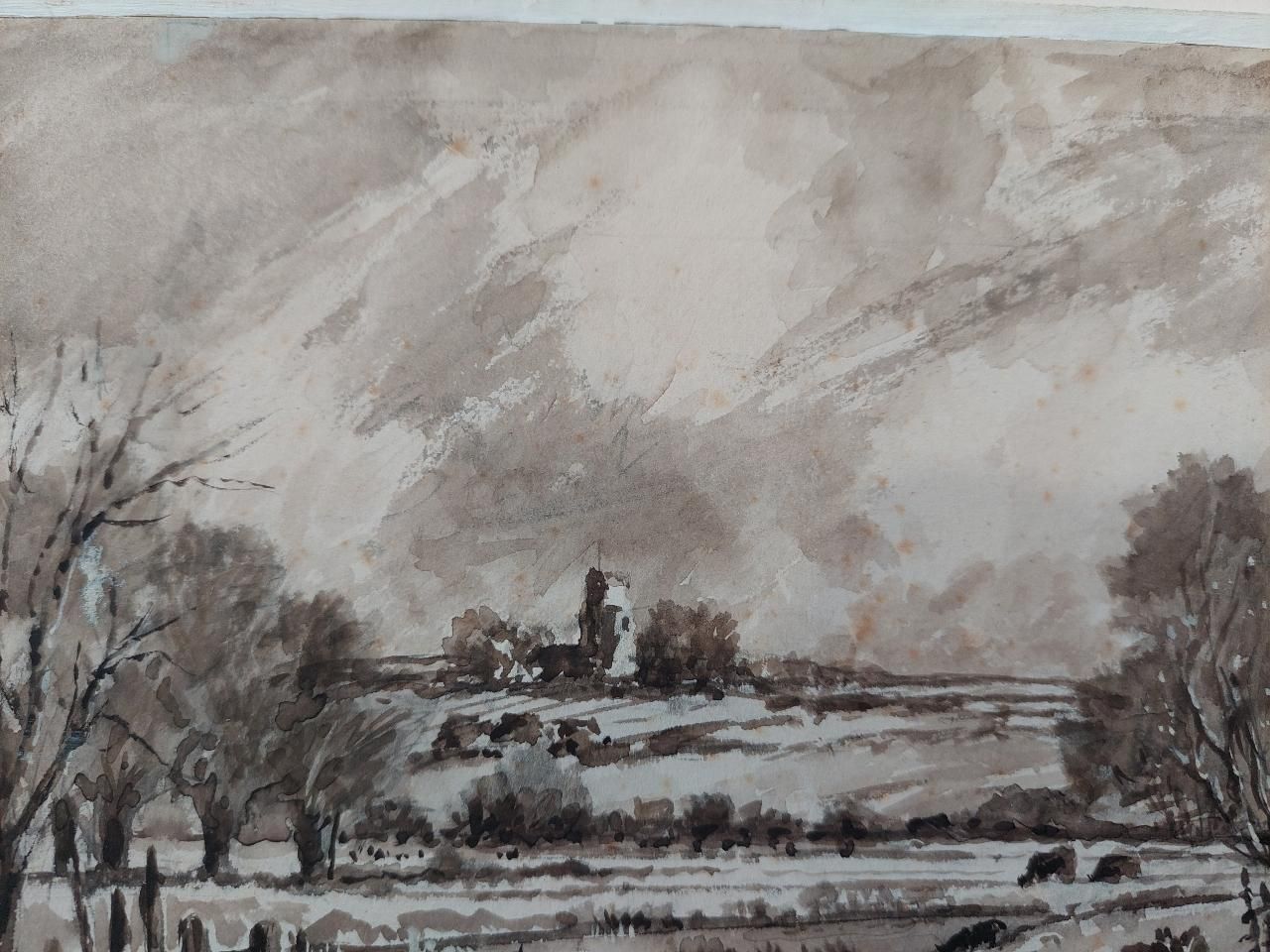 English  Schooltraditional English Painting Chalk Church From Fulborough Marshes In Kent20th Century photo furniture