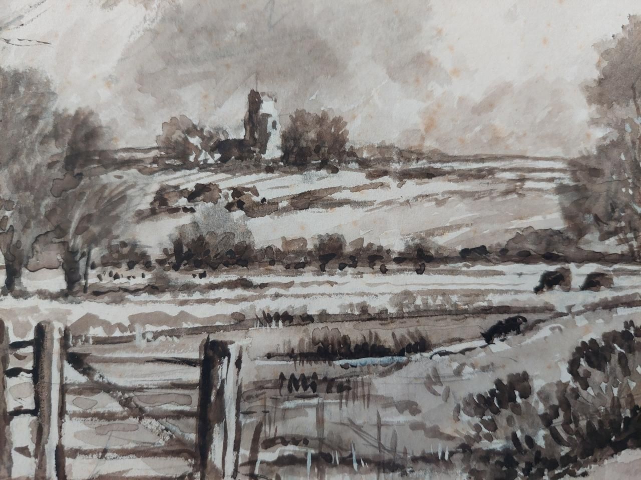 English  Schooltraditional English Painting Chalk Church From Fulborough Marshes In Kent20th Century photo Art