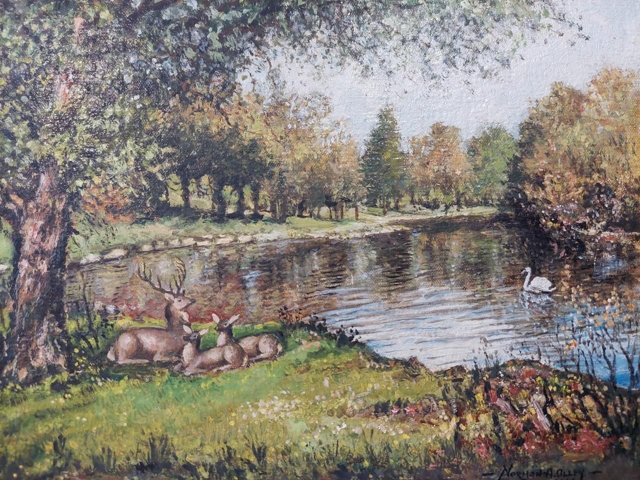 English  Schooltraditional English Painting Deer By A River In English Parkland20th Century photo Art