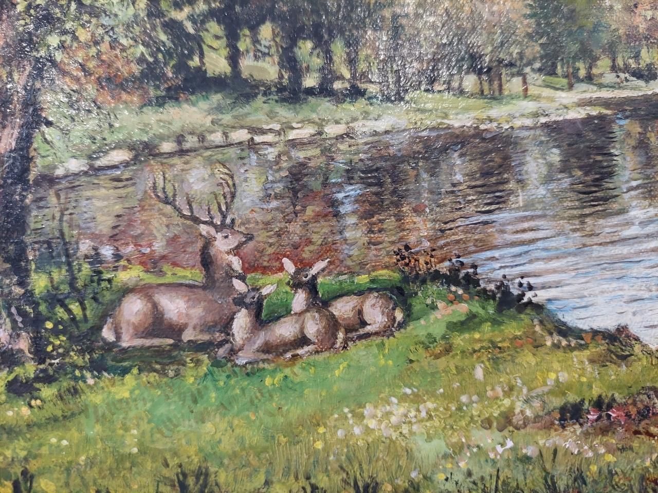 English  Schooltraditional English Painting Deer By A River In English Parkland20th Century photo vinterior