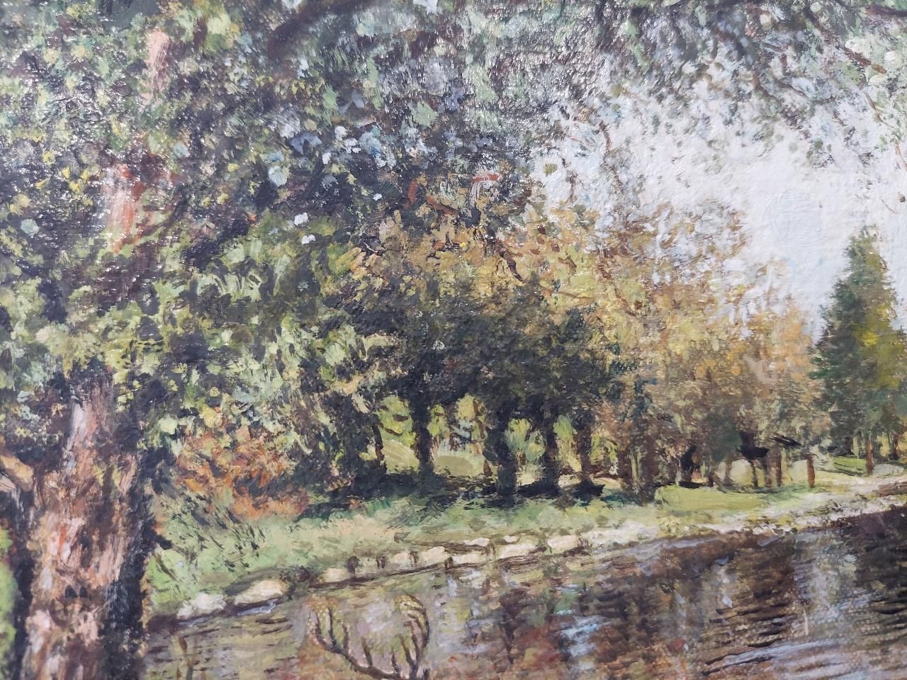 English  Schooltraditional English Painting Deer By A River In English Parkland20th Century photo buy