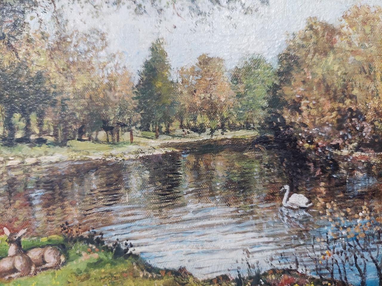 photo furniture English  Schooltraditional English Painting Deer By A River In English Parkland20th Century