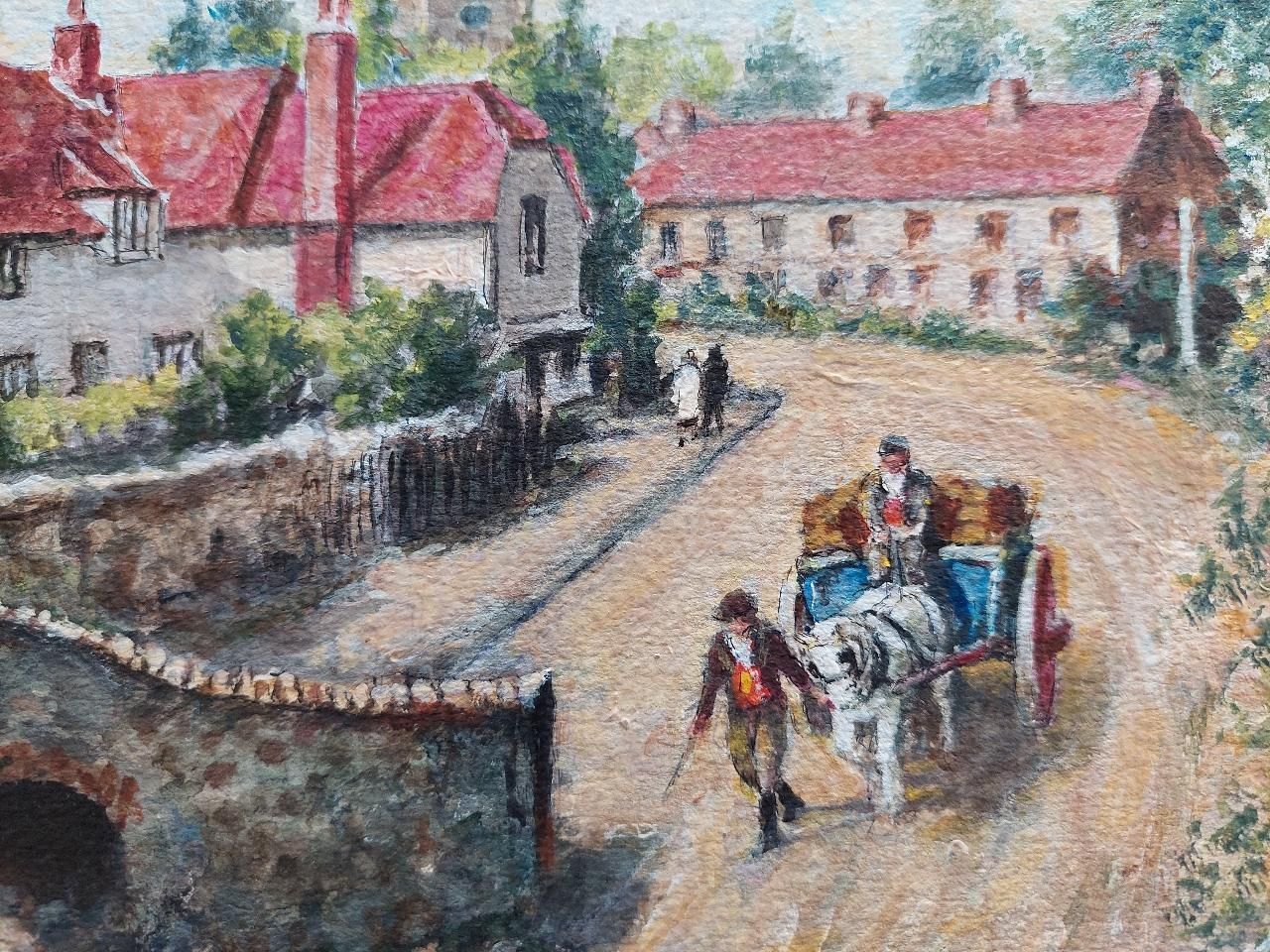 English  Schooltraditional English Painting Country Village Pack Horse Bridge Crossing River20th Century photo 504.0