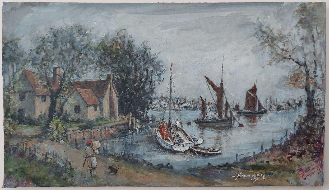 English  Schooltraditional English Painting Maritime Scene On River Medway, Kent, England20th Century photo furniture