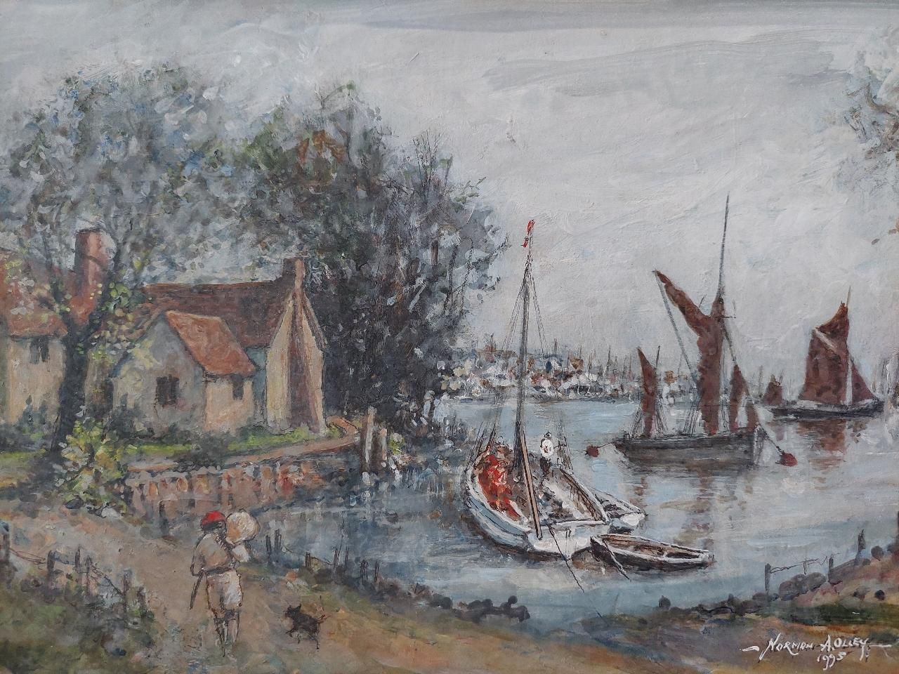 English  Schooltraditional English Painting Maritime Scene On River Medway, Kent, England20th Century photo 458.0