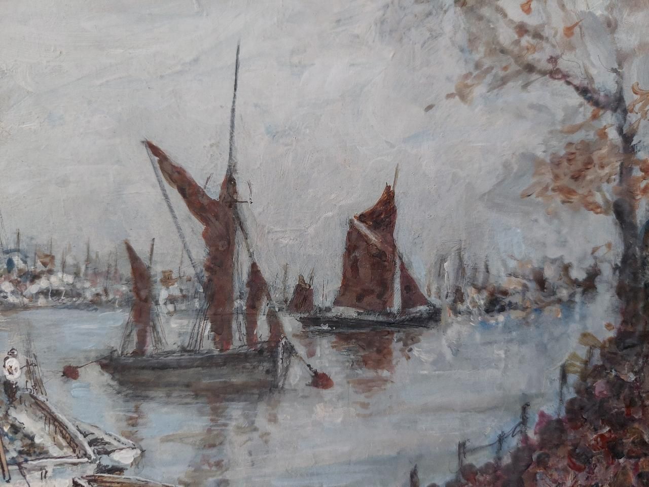 English  Schooltraditional English Painting Maritime Scene On River Medway, Kent, England20th Century photo vintage
