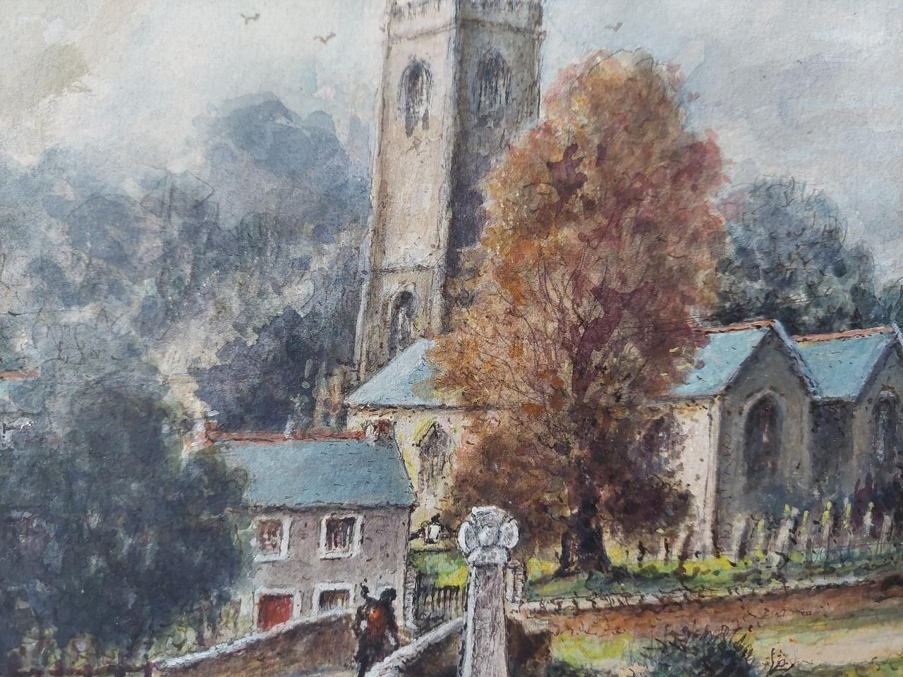 English  Schooltraditional English Painting Church And Figures At Altarnun, Cornish School20th Century photo vinterior