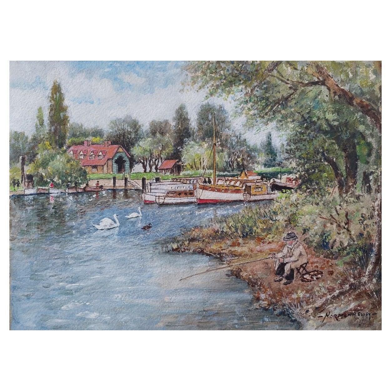 English  Schooltraditional English Painting Angler Fishing At Teddington, London England20th Century
