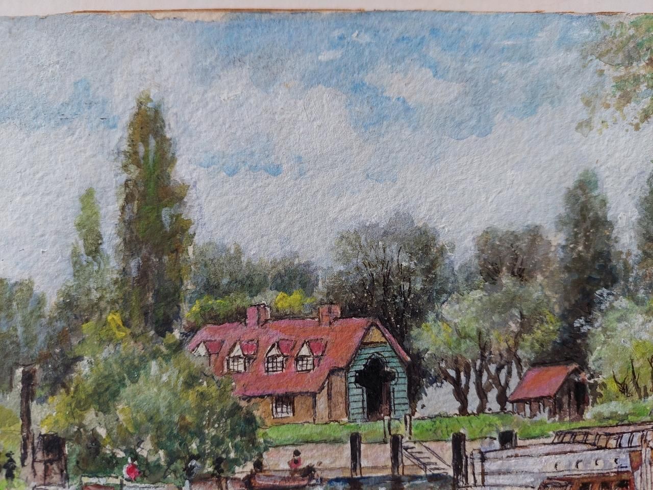English  Schooltraditional English Painting Angler Fishing At Teddington, London England20th Century photo for sale