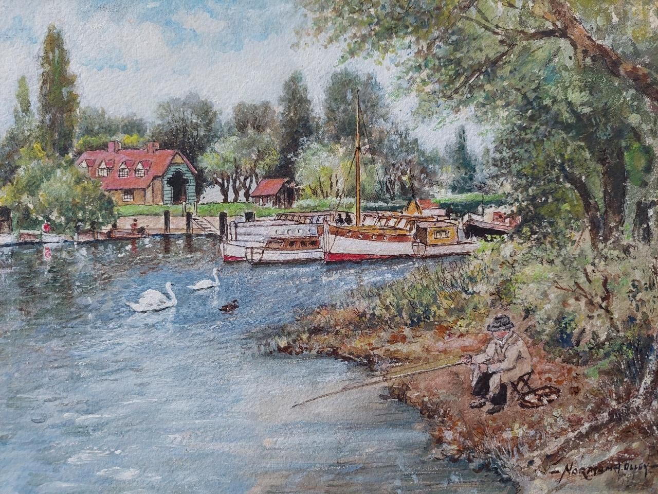 English  Schooltraditional English Painting Angler Fishing At Teddington, London England20th Century photo Art