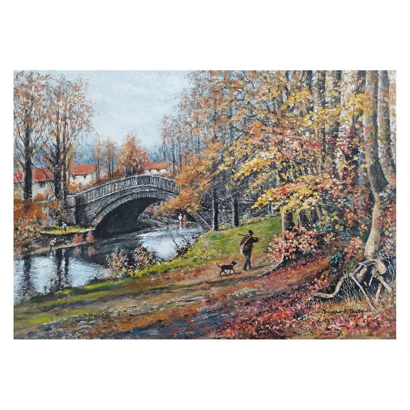 English  Schooltraditional English Painting Huntsman And Dog By A Yorkshire Bridge20th Century