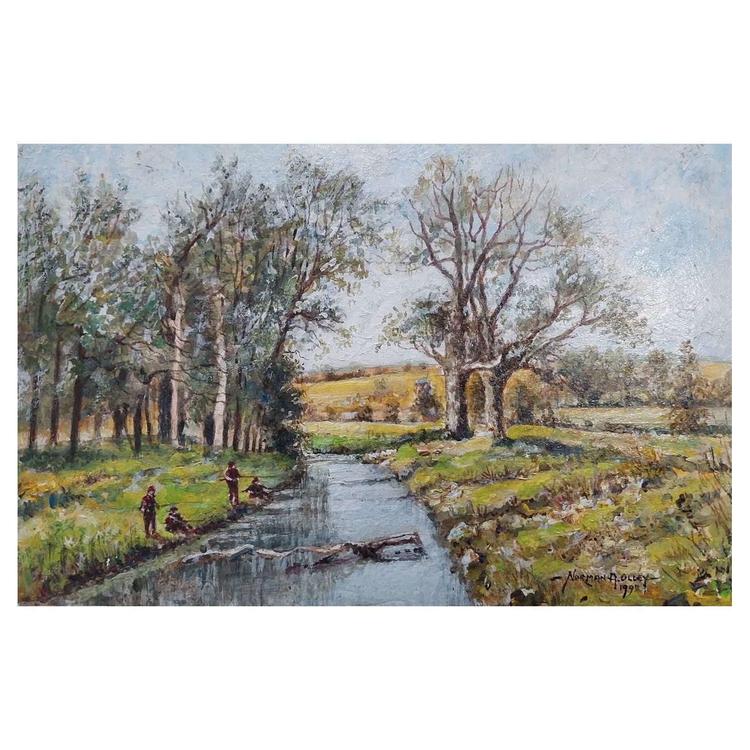 English  Schooltraditional English Painting Boys Fishing Near Upnor In Kent20th Century