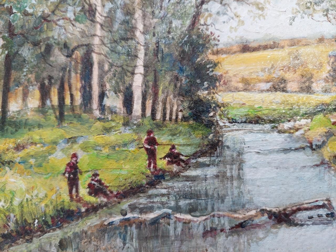 English  Schooltraditional English Painting Boys Fishing Near Upnor In Kent20th Century photo 611.0