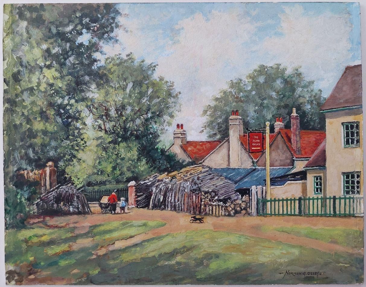 English  Schooltraditional English Painting Woodstacks At The Alma Arms, Weston Green, Surrey20th Century photo furniture