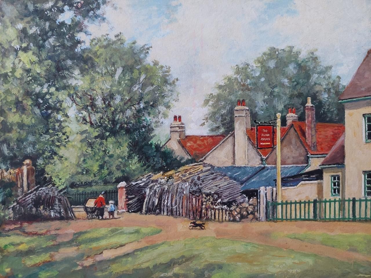 English  Schooltraditional English Painting Woodstacks At The Alma Arms, Weston Green, Surrey20th Century photo 403.0