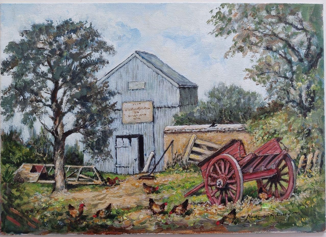 English  Schooltraditional English Painting Scots Pine And Chickens In A Cornish Farmyard20th Century photo furniture